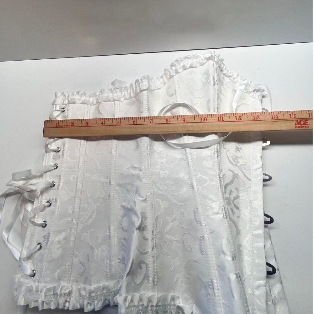 White Brocade Corset Bustier Lace Trim Ribbon Tie Boned Cincher Wtchycore Small - Picture 2 of 7